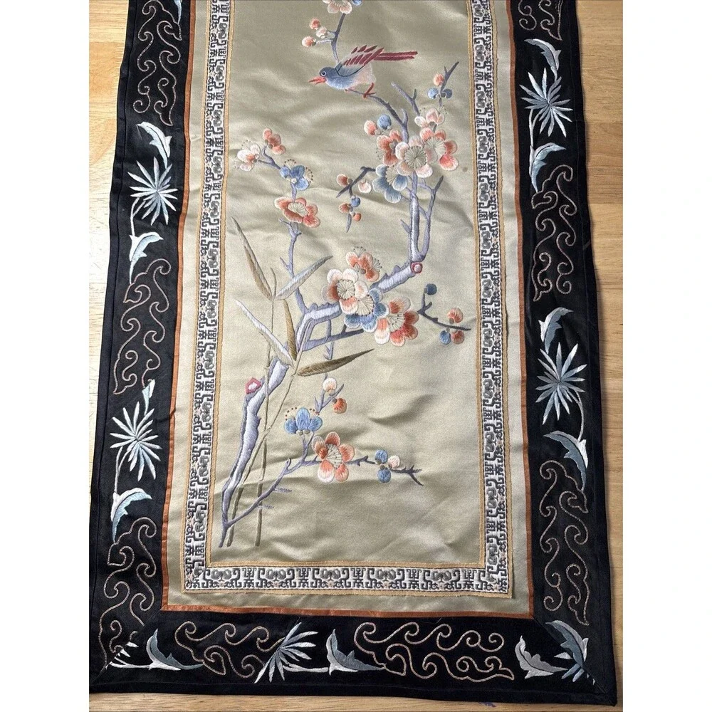 Vintage Asian Silk Hand Embroidered Tapestry Floral Bird Design 13”x26”
